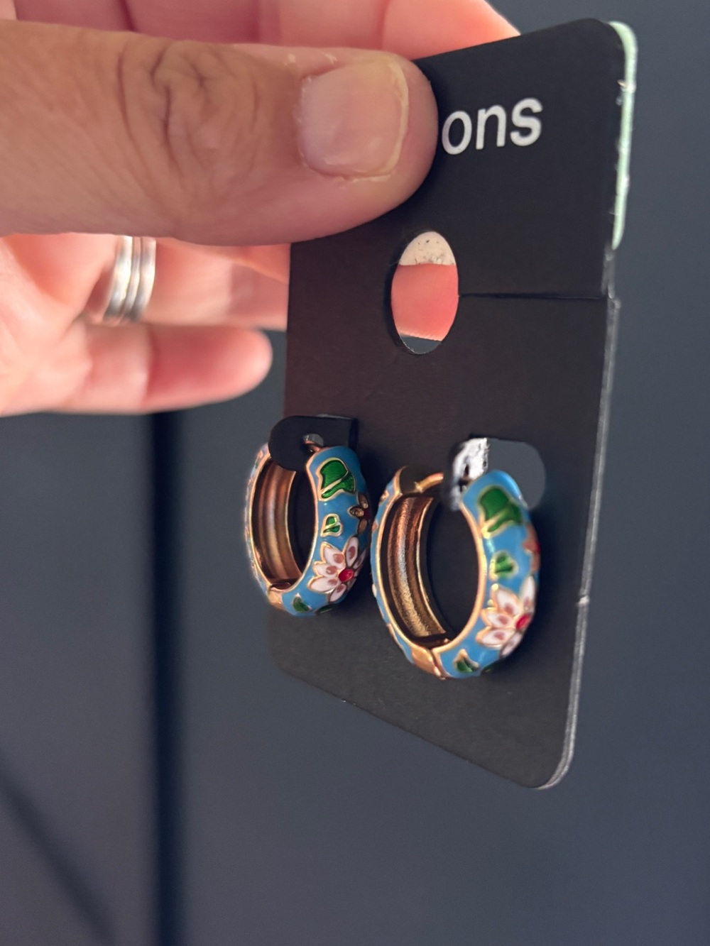 Simons Blue Floral Enamel Hoop Earrings, NWT